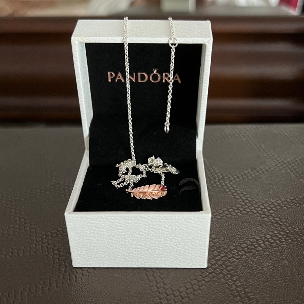 Pandora Silver Necklace with Rose Gold Feather Pendant